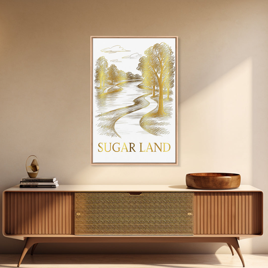 Sugarland Travel Poster, Framed Canvas Print, White And Gold Sketch Art, Sugarland City Art, Wanderlust Decor, City Travel Prints