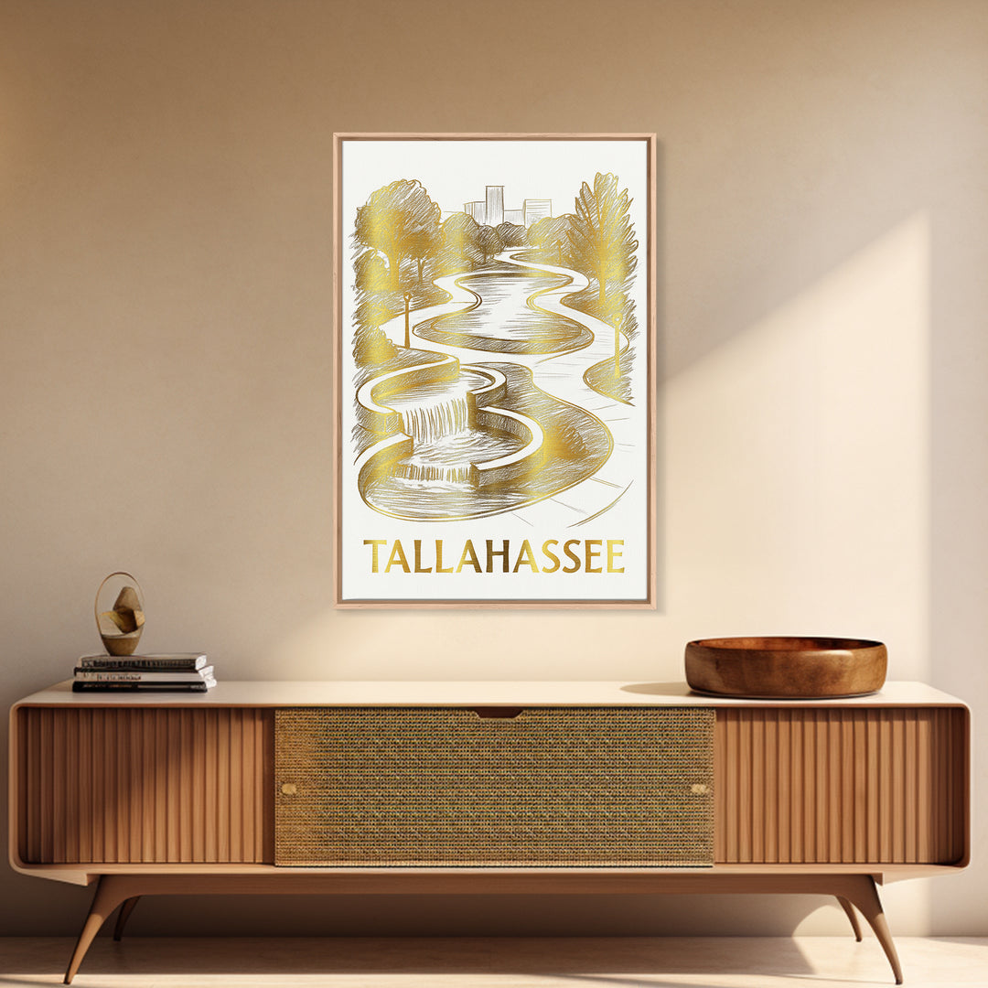 Tallahassee Travel Poster, Canvas Print, White And Gold Sketch Art, Tallahassee Art Print, Watercolor City Skyline, Travel Art Print
