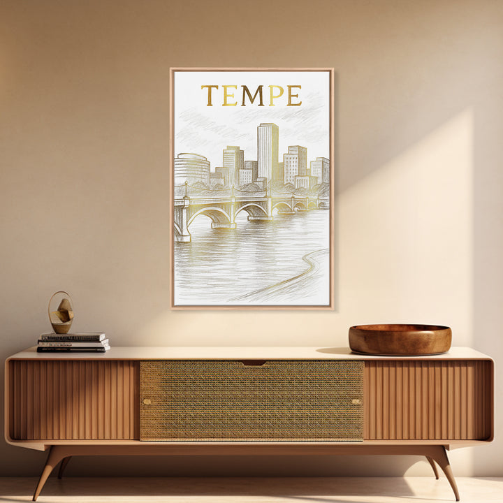 Tempe Arizona Travel Poster, Framed Canvas Print, White And Gold Sketch Art, Tempe City Art, Mid Century Wall Art, Eclectic Wall Decor