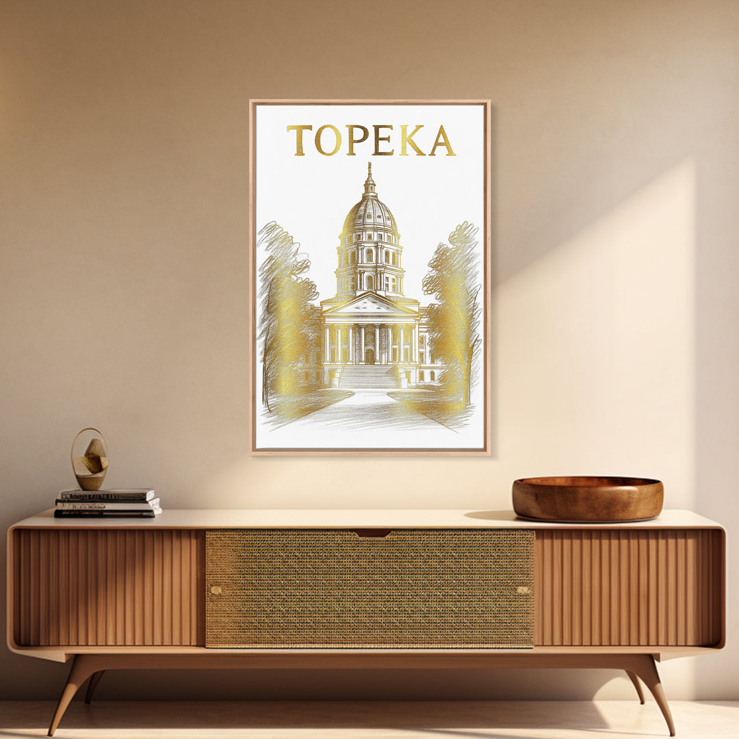 Topeka Kansas Travel Poster, Framed Canvas Print, Gold Line Drawing Wall Art, Topeka Poster Print, Gift For Travelers, Travel Poster Art