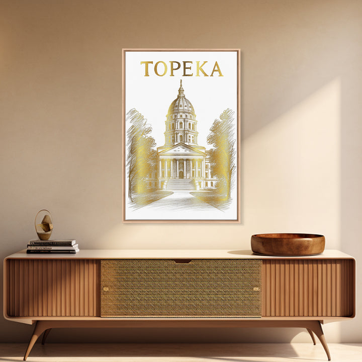 Topeka Kansas Travel Poster, Framed Canvas Print, Gold Line Drawing Wall Art, Topeka Poster Print, Gift For Travelers, Travel Poster Art