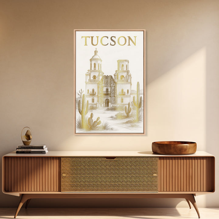 Tucson Arizona Travel Poster, Canvas Print, White And Gold Sketch Art, Tucson Poster Print, Vintage City Art, Travel Art, Retro Travel Print