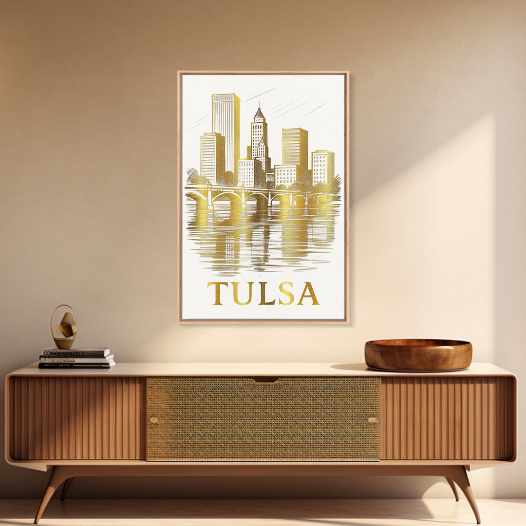 Tulsa Travel Poster, Canvas Print, Gold Line Drawing Wall Art, Tulsa City Art, Travel Wall Art, Travel Art Print, Vintage Travel Print