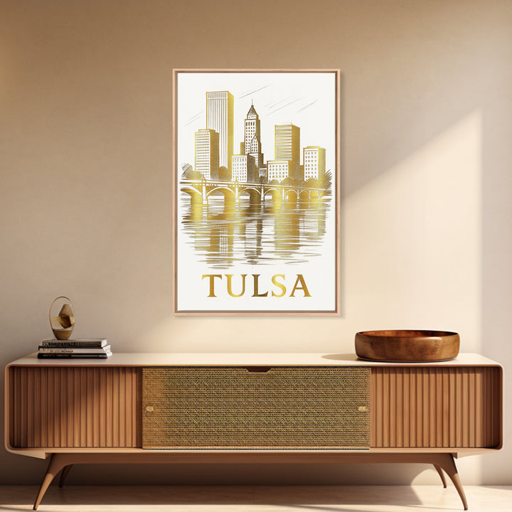 Tulsa Travel Poster, Canvas Print, Gold Line Drawing Wall Art, Tulsa City Art, Travel Wall Art, Travel Art Print, Vintage Travel Print