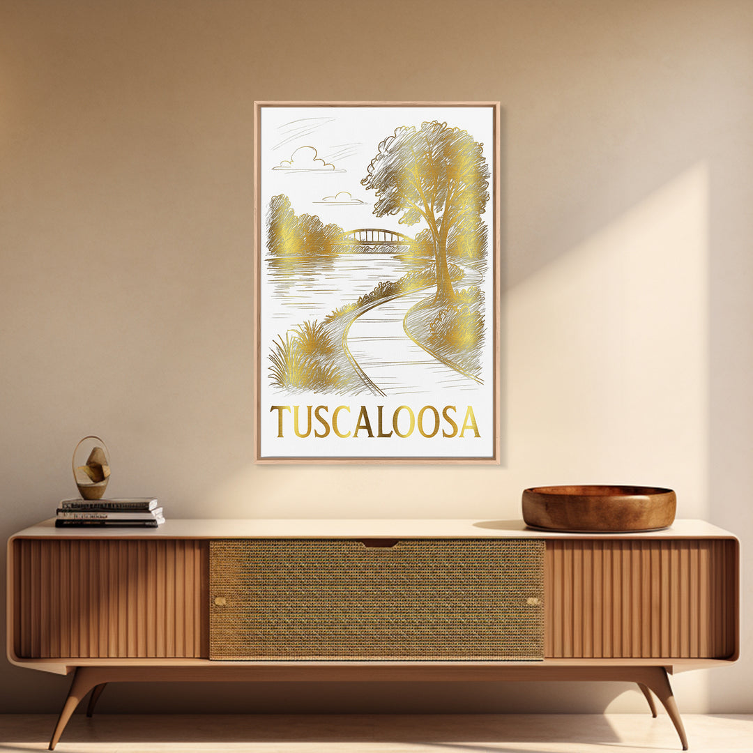 Tuscaloosa Travel Poster, Framed Canvas Print, White And Gold Sketch Art, Tuscaloosa Art Print, Travel Wall Decor, Eclectic Wall Decor