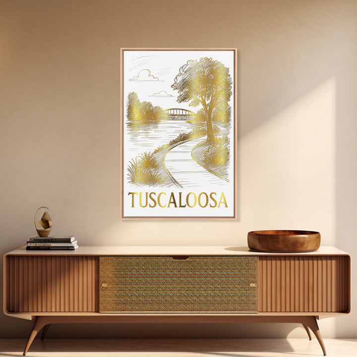 Tuscaloosa Travel Poster, Framed Canvas Print, White And Gold Sketch Art, Tuscaloosa Art Print, Travel Wall Decor, Eclectic Wall Decor