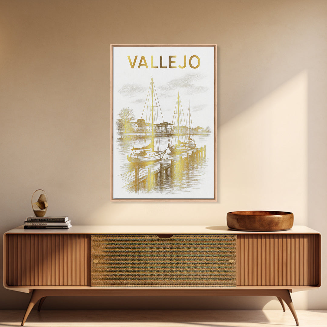 Vallejo California Travel Poster, Framed Canvas Print, White And Gold Sketch Art, Vallejo Poster Print, City Art Print, City Illustration