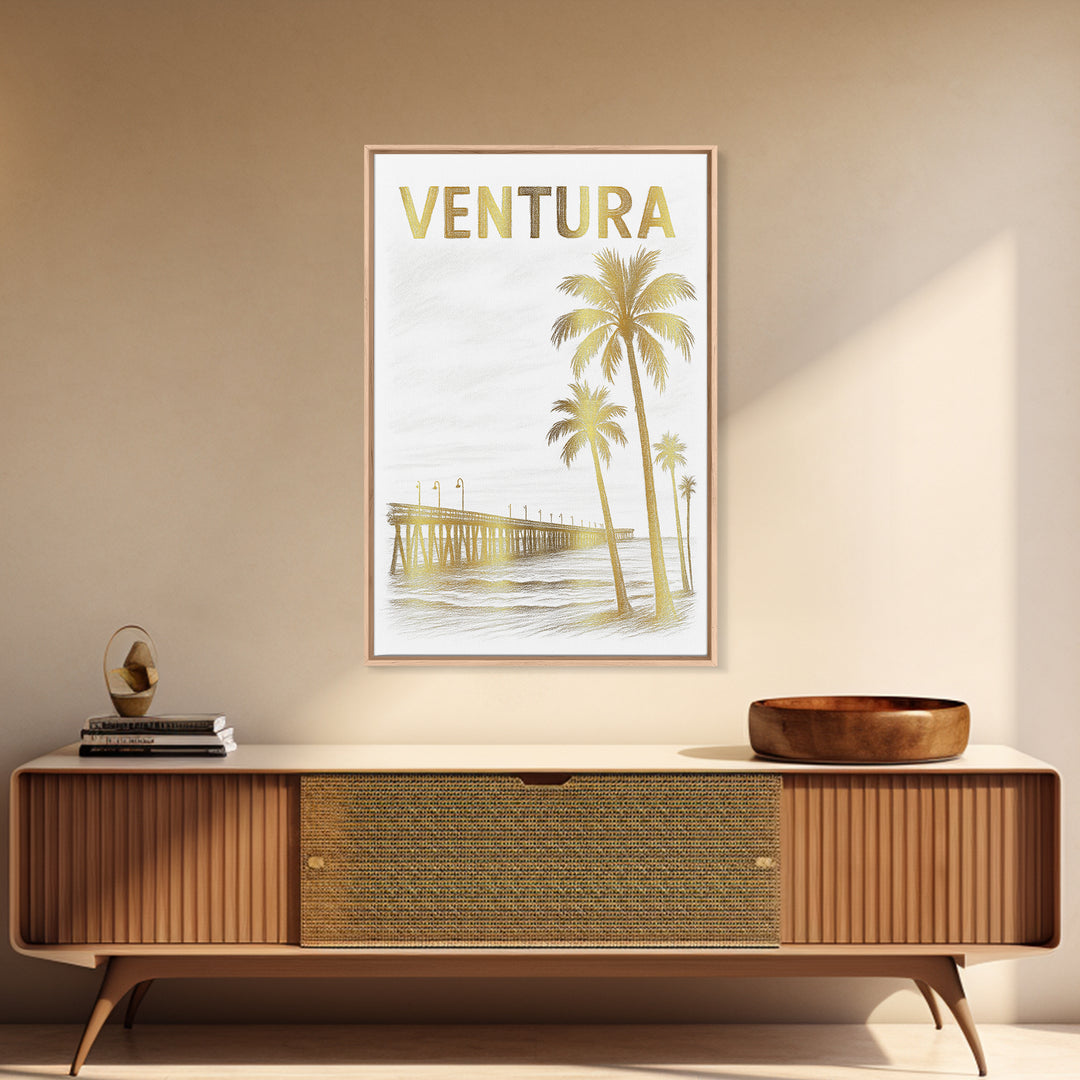 Ventura California Travel Poster, Framed Canvas Print, White And Gold Sketch Art, Ventura City Art, Watercolor Skyline, Travel Poster Art