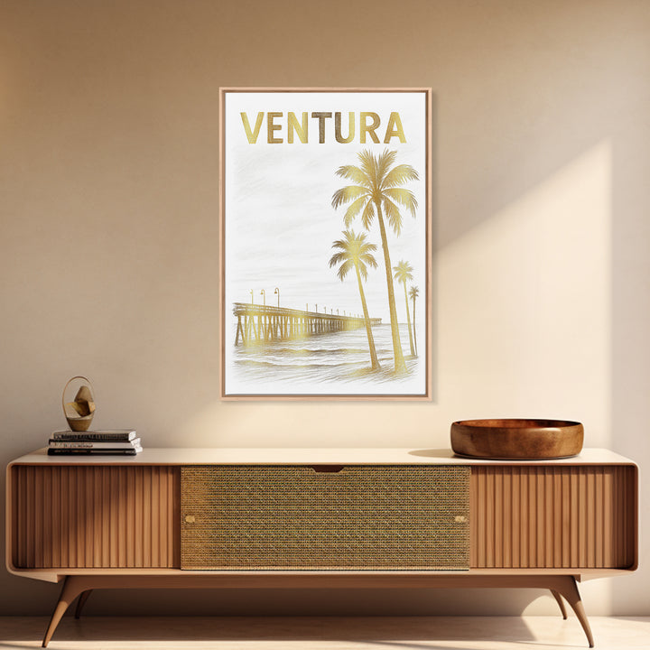 Ventura California Travel Poster, Framed Canvas Print, White And Gold Sketch Art, Ventura City Art, Watercolor Skyline, Travel Poster Art