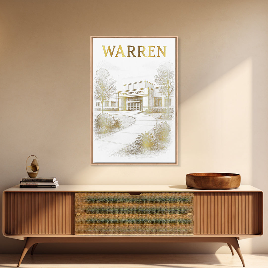 Warren Michigan Travel Poster, Canvas Print, White And Gold Sketch Art, Warren Travel Art, City Art Print, Eclectic Wall Decor, Poster Art