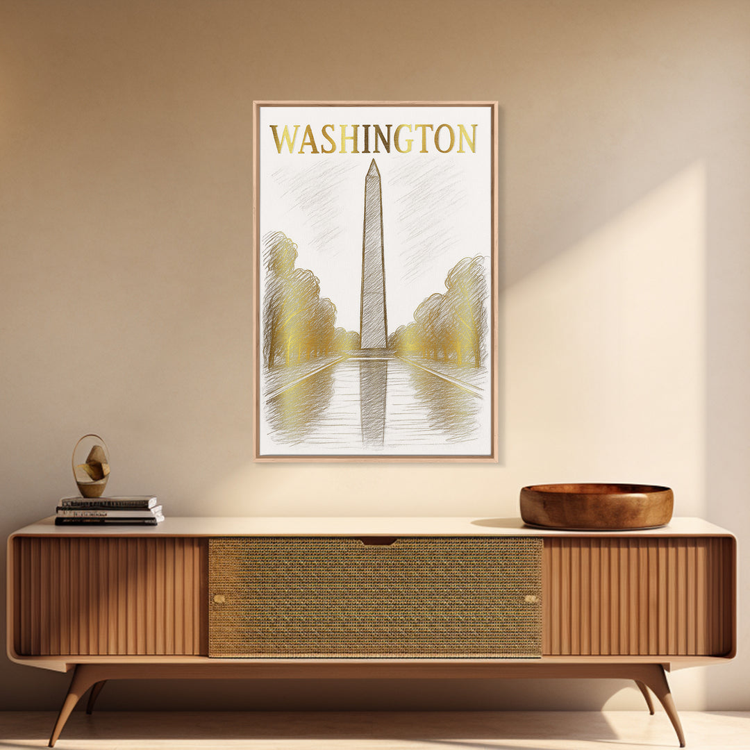 Washington DC Travel Poster, Canvas Print, White And Gold Sketch Art, Washington Poster Print, City Illustration, Modern Wall Decor