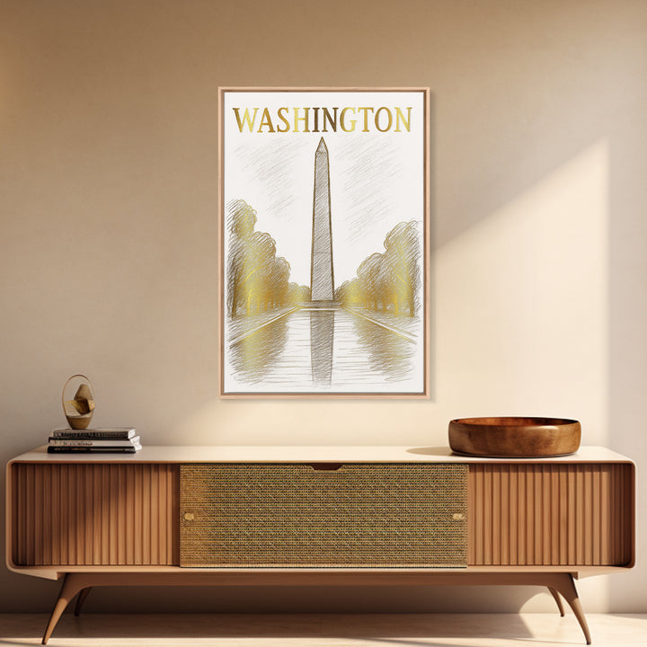 Washington DC Travel Poster, Canvas Print, White And Gold Sketch Art, Washington Poster Print, City Illustration, Modern Wall Decor