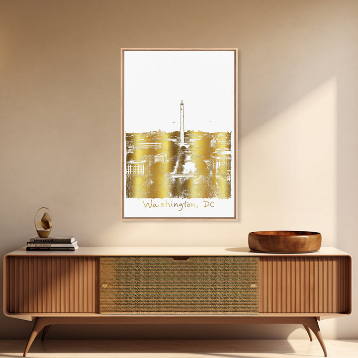 Washington DC Travel Poster, Framed Canvas Print, White And Gold Sketch Art, Washington DC City Art, Modern Wall Decor, Wanderlust Decor