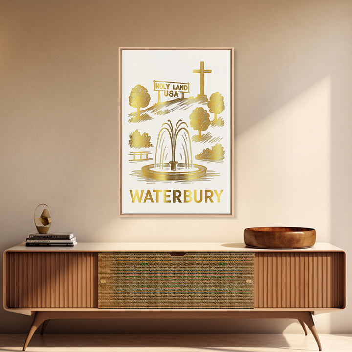 Waterbury Travel Poster, Canvas Print, White And Gold Sketch Art, Waterbury City Art, Travel Wall Decor, City Travel Prints, Travel Print