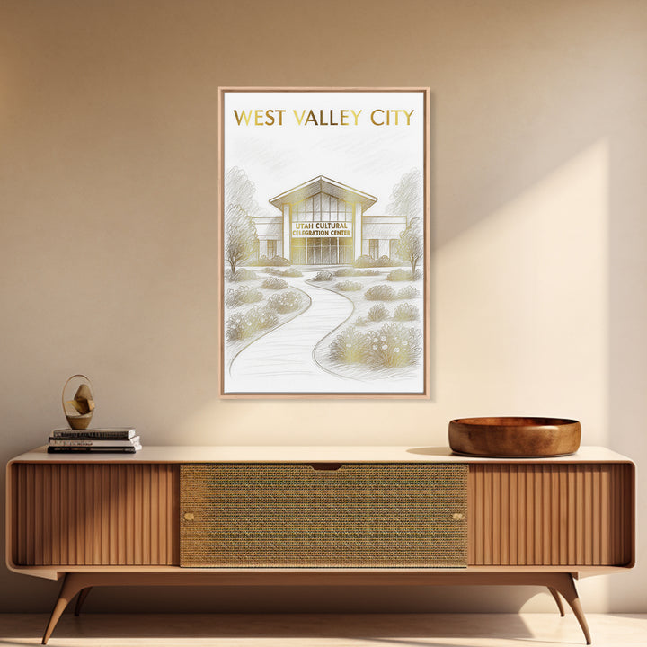 West Valley City Travel Poster, Canvas Print, Gold Line Drawing Wall Art, West Valley City Wall Art, Watercolor Urban Skyline, Travel Print