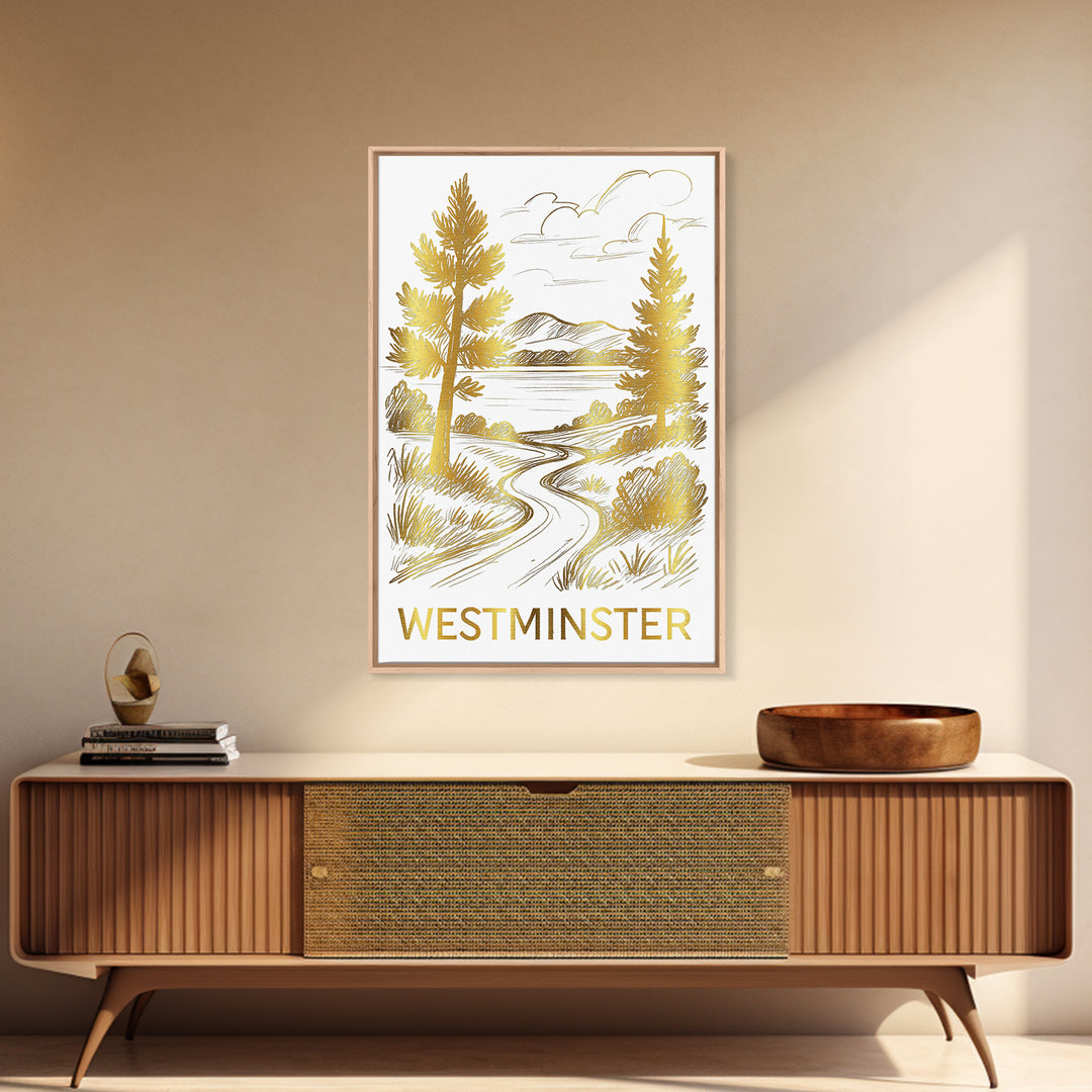 Westminster Travel Poster, Canvas Print, Gold Line Drawing Wall Art, Westminster Art Print, Travel Poster Set, Modern Wall Decor
