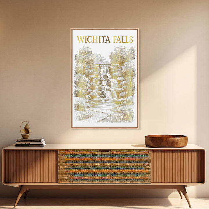 Wichita Falls Texas Travel Poster, Canvas Print, Gold Line Drawing Wall Art, Wichita Falls City Art, Travel Poster Art, Watercolor Skyline