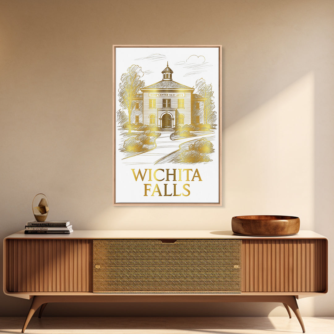 Wichita Falls Travel Poster, Framed Canvas Print, White And Gold Sketch Art, Wichita Falls City Art, Vintage City Art, Travel Wall Art