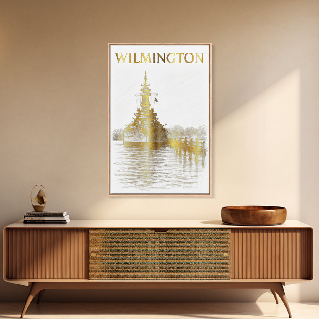 Wilmington North Carolina Travel Poster, Canvas Print, Gold Line Drawing Wall Art, Wilmington Travel Art, Travel Prints, Vintage City Poster