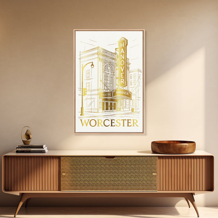 Worcester Travel Poster, Canvas Print, Gold Line Drawing Wall Art, Worcester Art Print, Travel Wall Art, Home Office Decor, Retro Poster