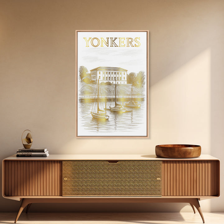 Yonkers New York Travel Poster, Canvas Print, White And Gold Sketch Art, Yonkers Travel Art, Travel Art, Travel Wall Art, City Travel Prints