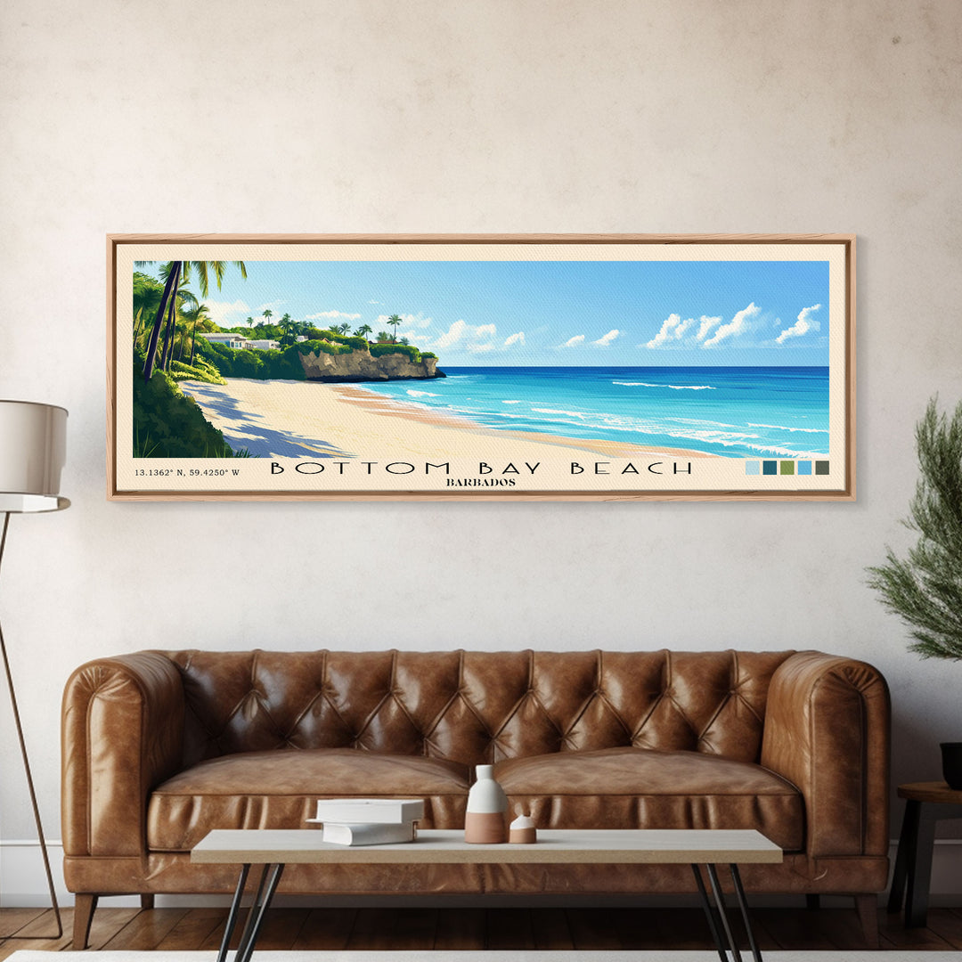 Bottom Bay Beach, Barbados Panoramic Beach Print, Vacation Gift, Barbados Wall Art, Framed Canvas Print, Framed Beach Painting