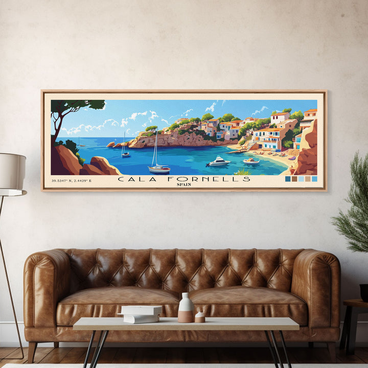 Cala Fornells, Spain Panoramic Beach Print, Vacation Gift, Spain Wall Art, Framed Canvas Print, Framed Beach Painting