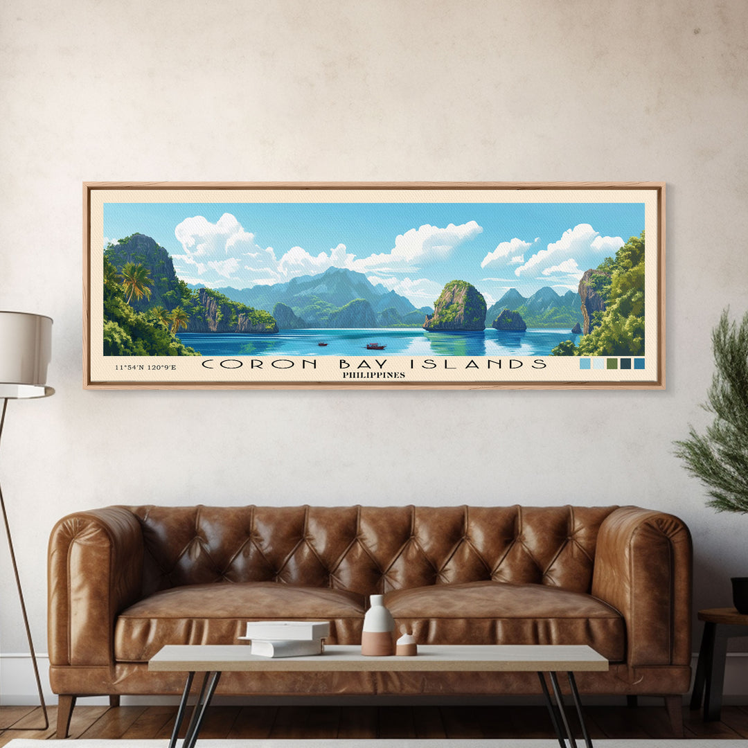 Coron Bay Islands, Philippines Panoramic Beach Print, Vacation Gift, Philippines Wall Art, Framed Canvas Print, Framed Beach Painting