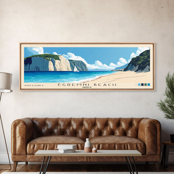 Egremni Beach, Greece Panoramic Beach Print, Vacation Gift, Greece Wall Art, Framed Canvas Print, Framed Beach Painting