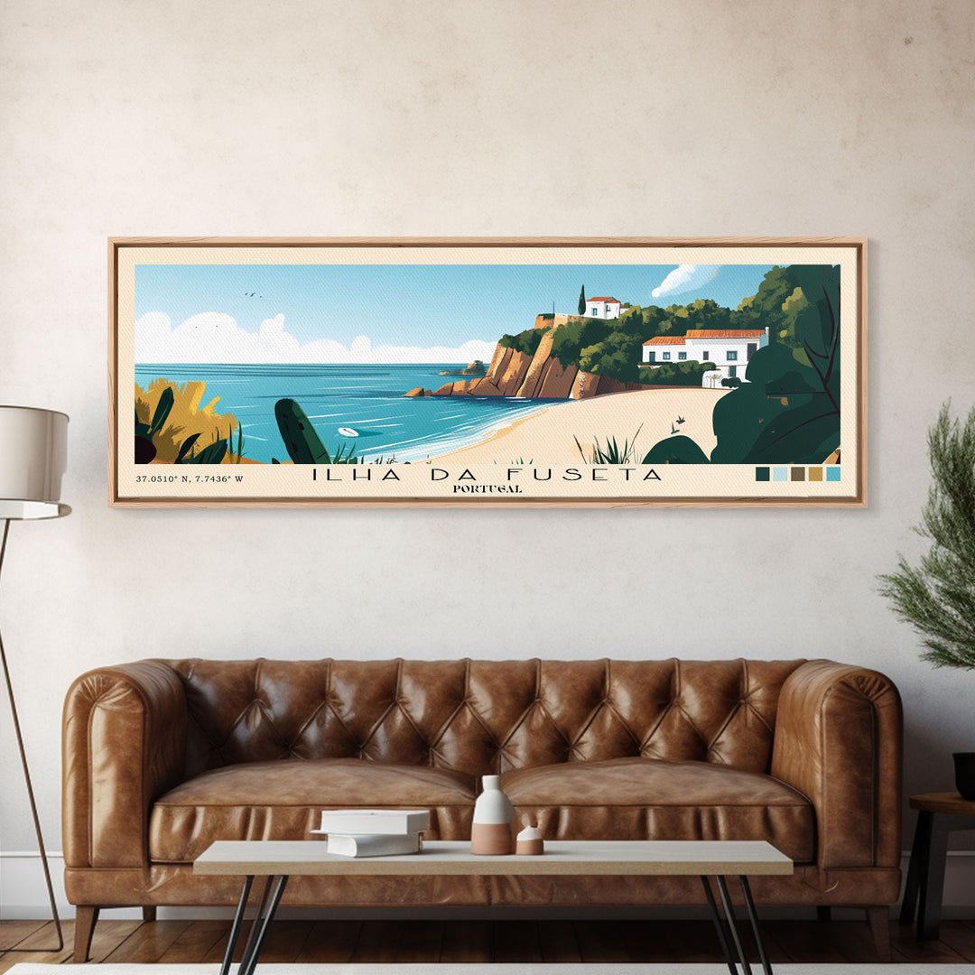 Ilha da Fuseta, Portugal Panoramic Print, Vacation Gift, Portugal Wall Art, Beach Painting, Beach Decor, Large Wall Art, Wood Frame Art