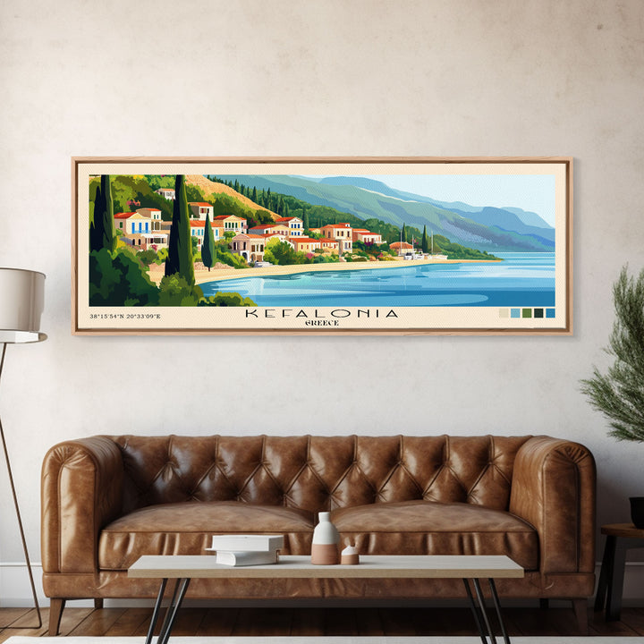 Kefalonia, Greece Panoramic Print, Vacation Gift, Greece Wall Art, Beach Painting, Beach Decor, Large Wall Art, Wood Frame Art