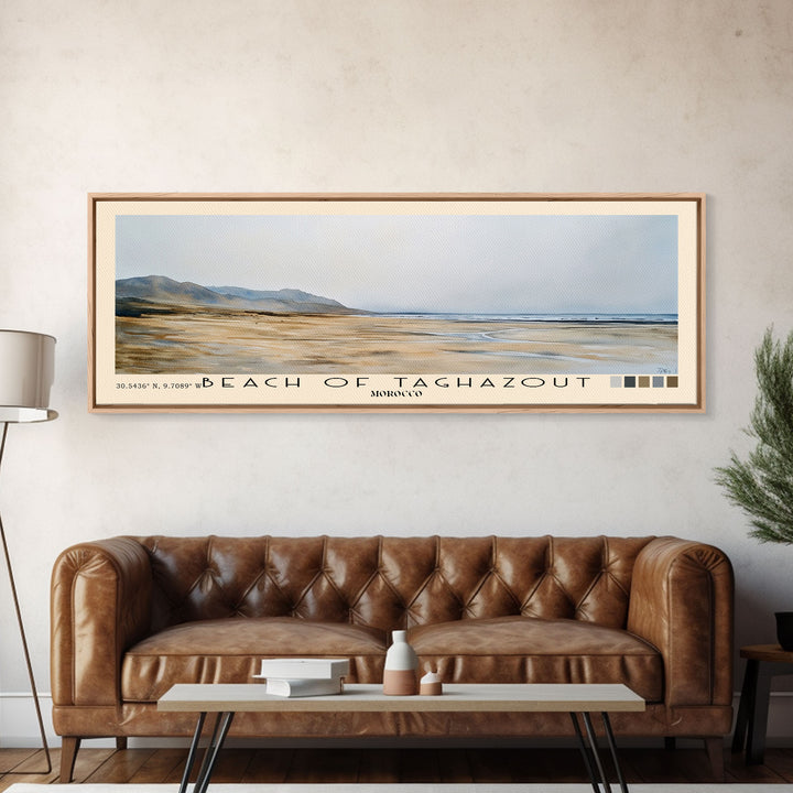 Beach of Taghazout, Morocco Watercolor Beach Print, Vacation Gift, Morocco Wall Art, Framed Canvas Print, Framed Beach Painting