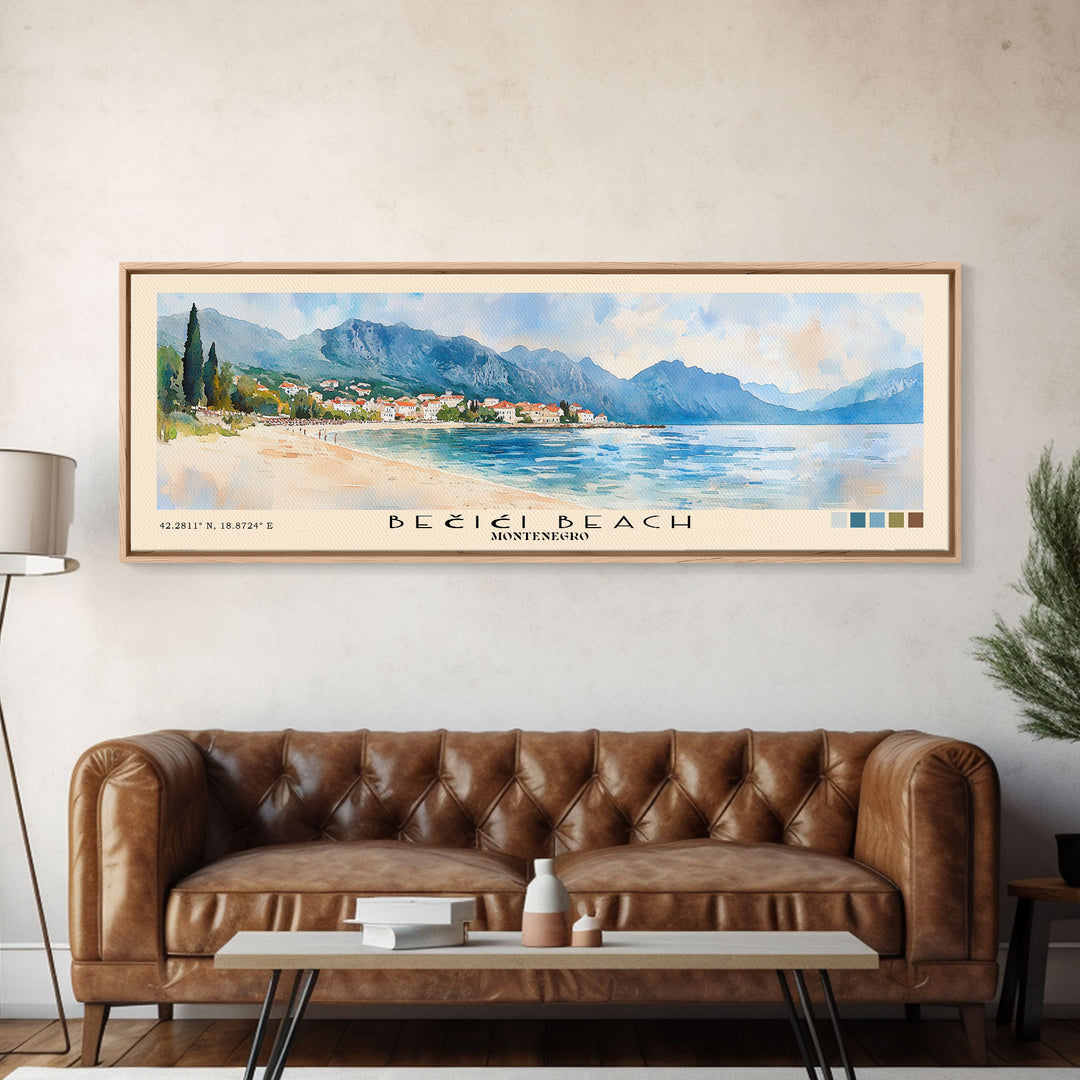 Bečići Beach, Montenegro Watercolor Print, Vacation Gift, Montenegro Wall Art, Beach Painting, Beach Decor, Large Wall Art, Wood Frame Art