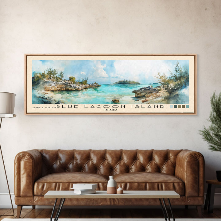 Blue Lagoon Island, Bahamas Watercolor Print, Vacation Gift, Bahamas Wall Art, Beach Painting, Beach Decor, Large Wall Art, Wood Frame Art