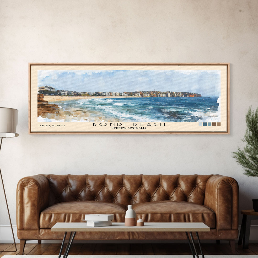 Bondi Beach, Sydney, Australia Watercolor Print, Vacation Gift, Sydney, Australia Wall Art, Beach Painting, Beach Decor, Large Wall Art, Wood Frame Art