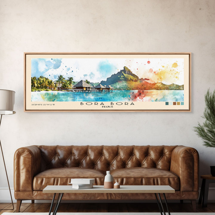 Bora Bora, France Watercolor Beach Print, Vacation Gift, France Wall Art, Framed Canvas Print, Framed Beach Painting