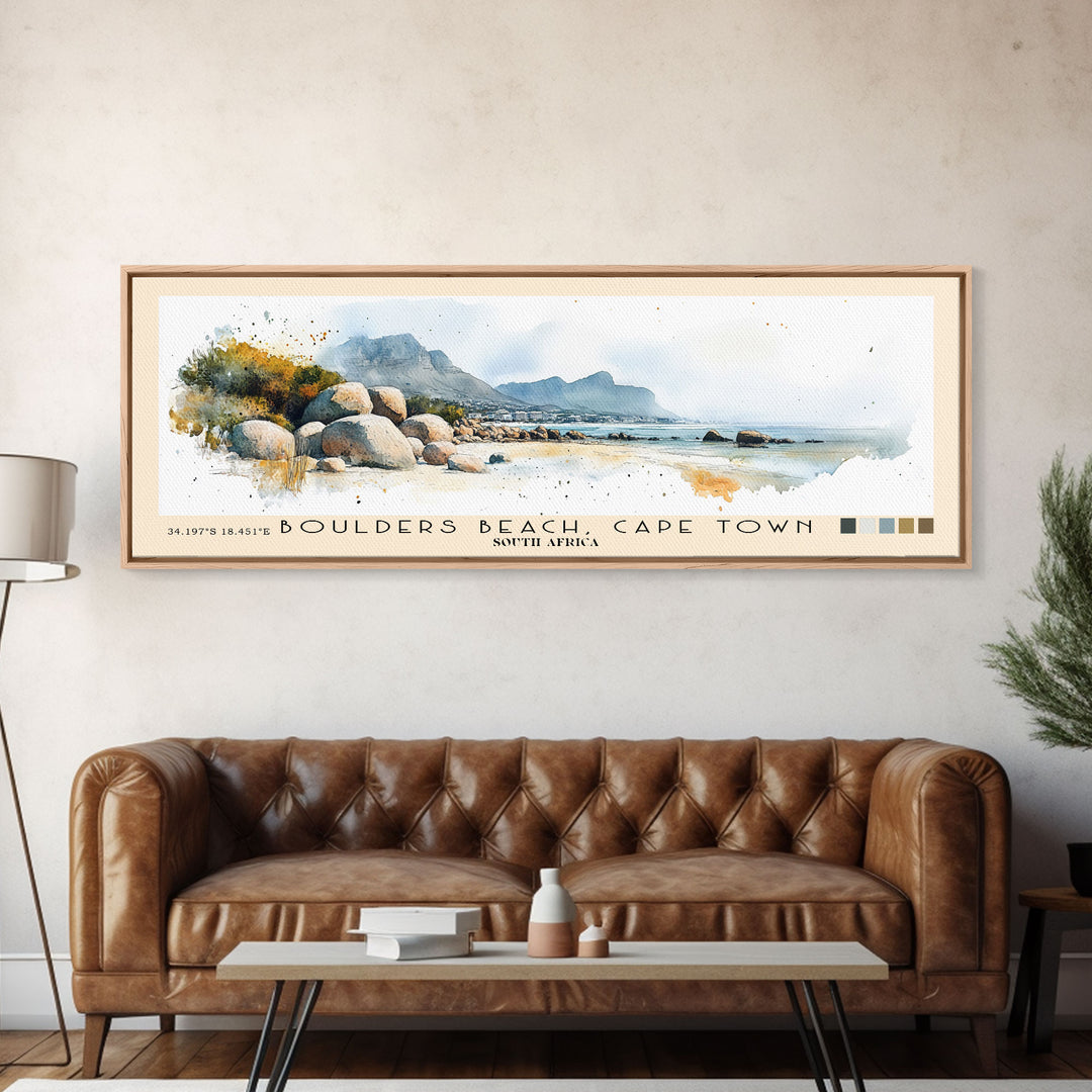 Boulders Beach, Cape Town, South Africa Watercolor Print, Vacation Gift, South Africa Wall Art, Beach Painting, Beach Decor, Large Wall Art, Wood Frame Art