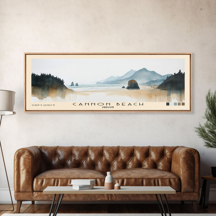 Cannon Beach, Oregon Watercolor Beach Print, Vacation Gift, Oregon Wall Art, Framed Canvas Print, Framed Beach Painting