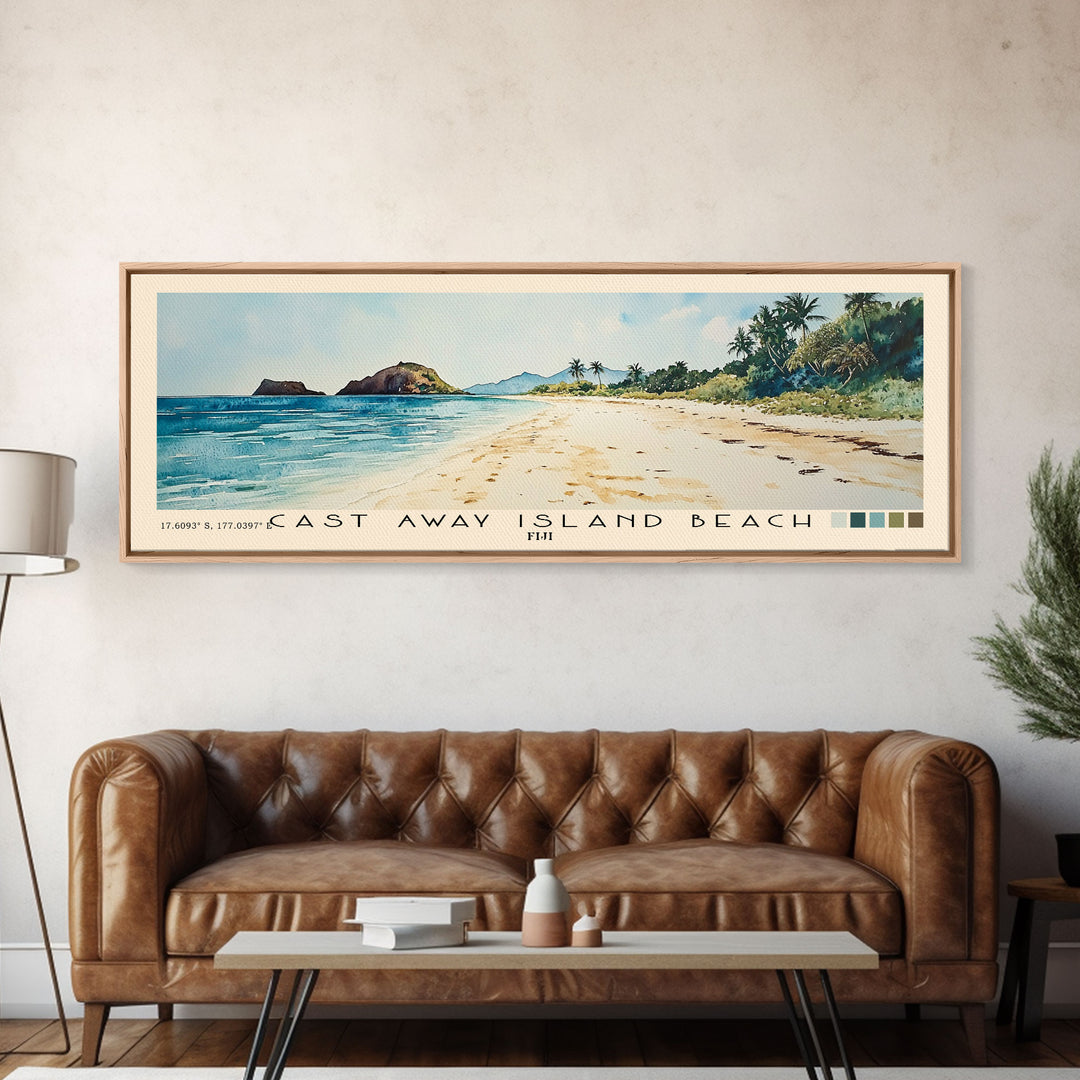 Cast Away Island Beach, Fiji Watercolor Print, Vacation Gift, Fiji Wall Art, Beach Painting, Beach Decor, Large Wall Art, Wood Frame Art