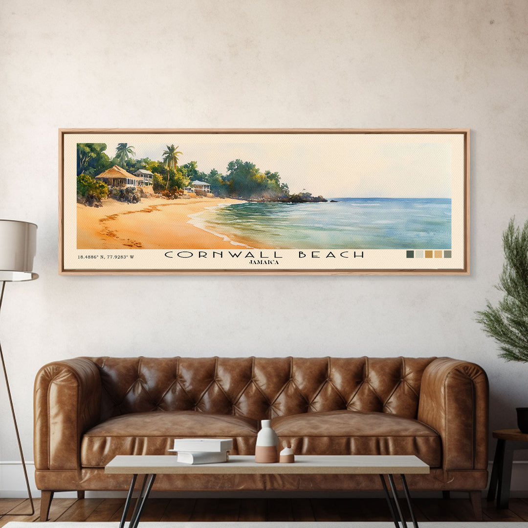 Cornwall Beach, Jamaica Watercolor Beach Print, Vacation Gift, Jamaica Wall Art, Framed Canvas Print, Framed Beach Painting