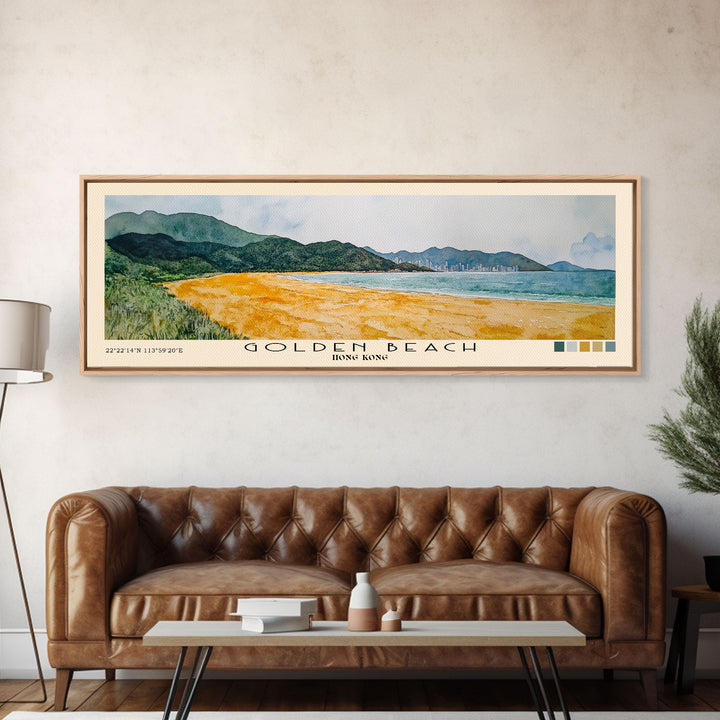 Golden Beach, Hong Kong Watercolor Print, Vacation Gift, Hong Kong Wall Art, Beach Painting, Beach Decor, Large Wall Art, Wood Frame Art