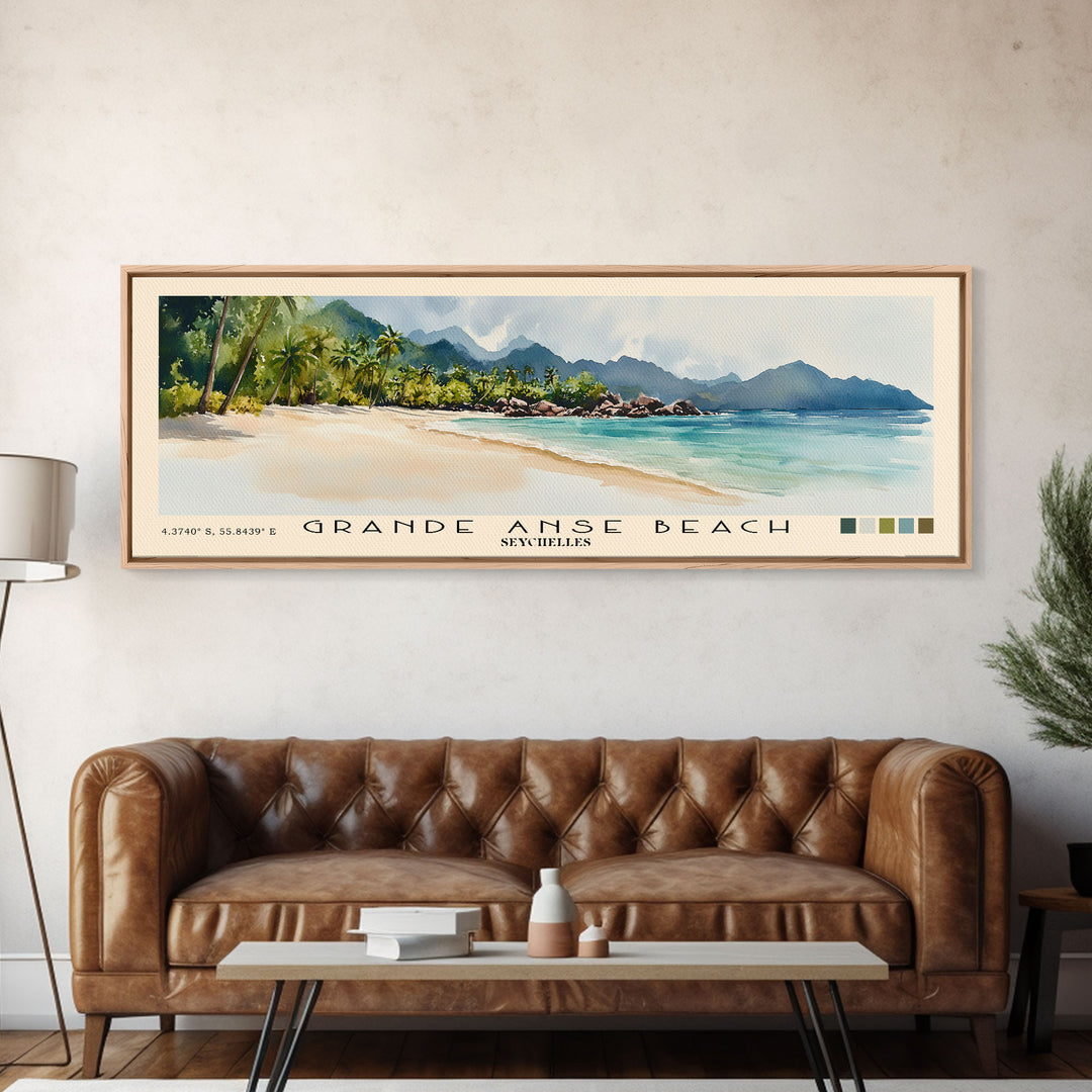 Grande Anse Beach, Seychelles Watercolor Print, Vacation Gift, Seychelles Wall Art, Beach Painting, Beach Decor, Large Wall Art, Wood Frame Art