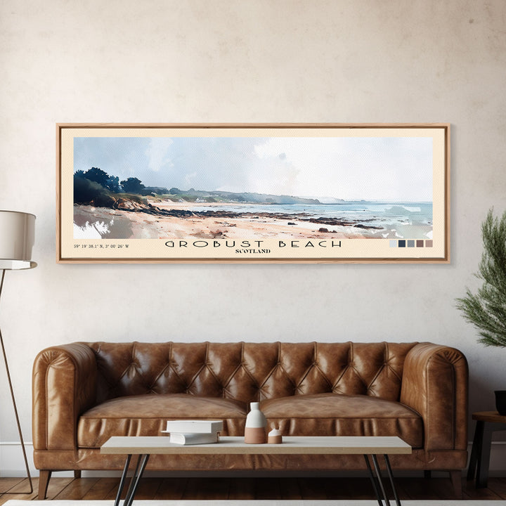 Grobust beach, Scotland Watercolor Print, Vacation Gift, Scotland Wall Art, Beach Painting, Beach Decor, Large Wall Art, Wood Frame Art