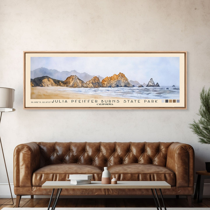 Julia Pfeiffer Burns State Park, California Watercolor Beach Print, Vacation Gift, California Wall Art, Framed Canvas Print, Framed Beach Painting