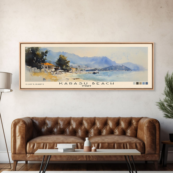 Karasu Beach, Turkey Watercolor Print, Vacation Gift, Turkey Wall Art, Beach Painting, Beach Decor, Large Wall Art, Wood Frame Art