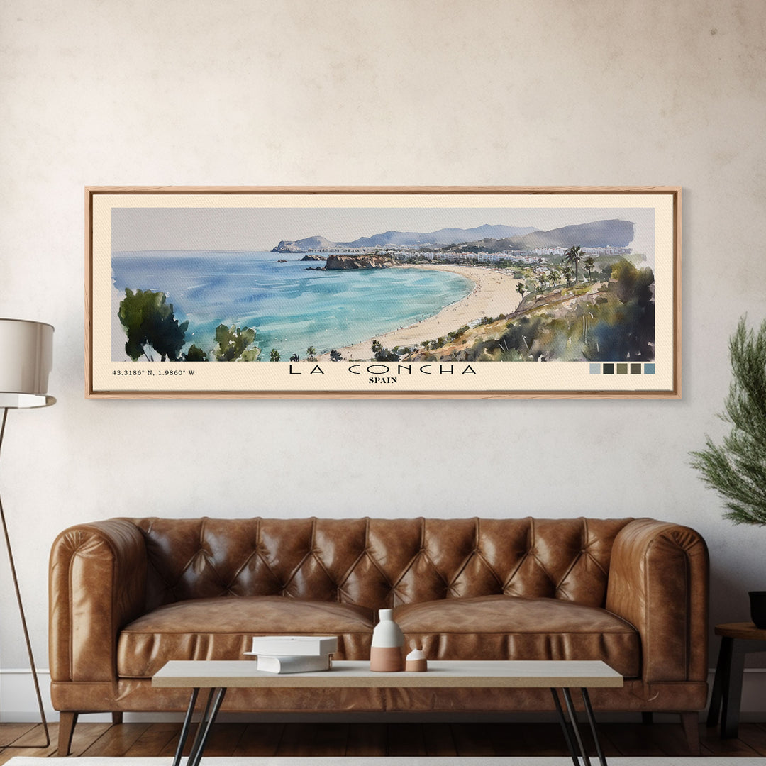 La Concha, Spain Watercolor Print, Vacation Gift, Spain Wall Art, Beach Painting, Beach Decor, Large Wall Art, Wood Frame Art