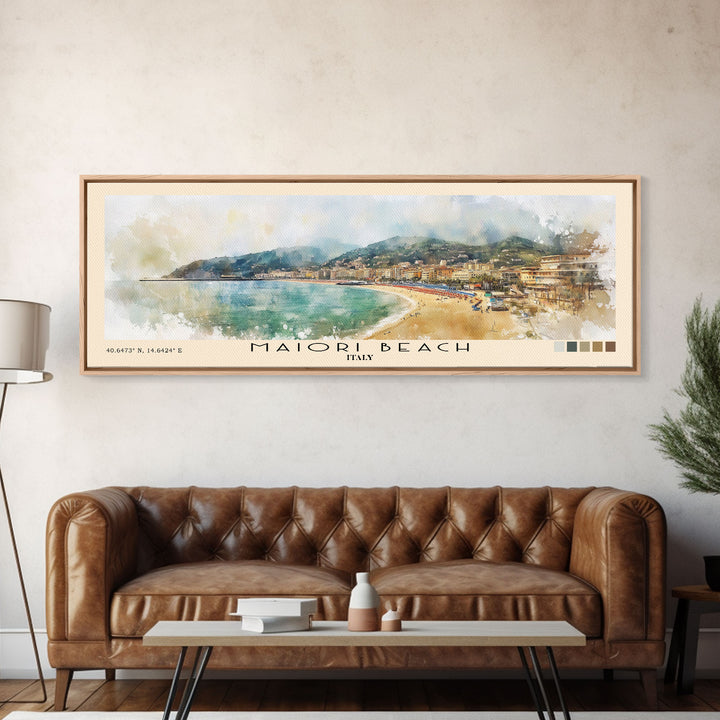 Maiori Beach, Italy Watercolor Print, Vacation Gift, Italy Wall Art, Beach Painting, Beach Decor, Large Wall Art, Wood Frame Art