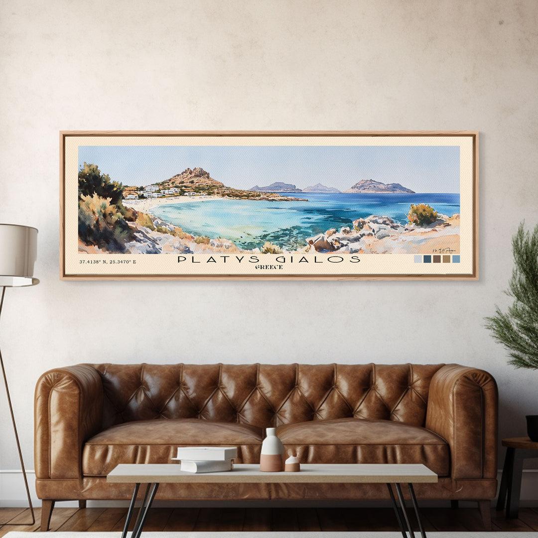Platys Gialos, Greece Watercolor Beach Print, Vacation Gift, Greece Wall Art, Framed Canvas Print, Framed Beach Painting