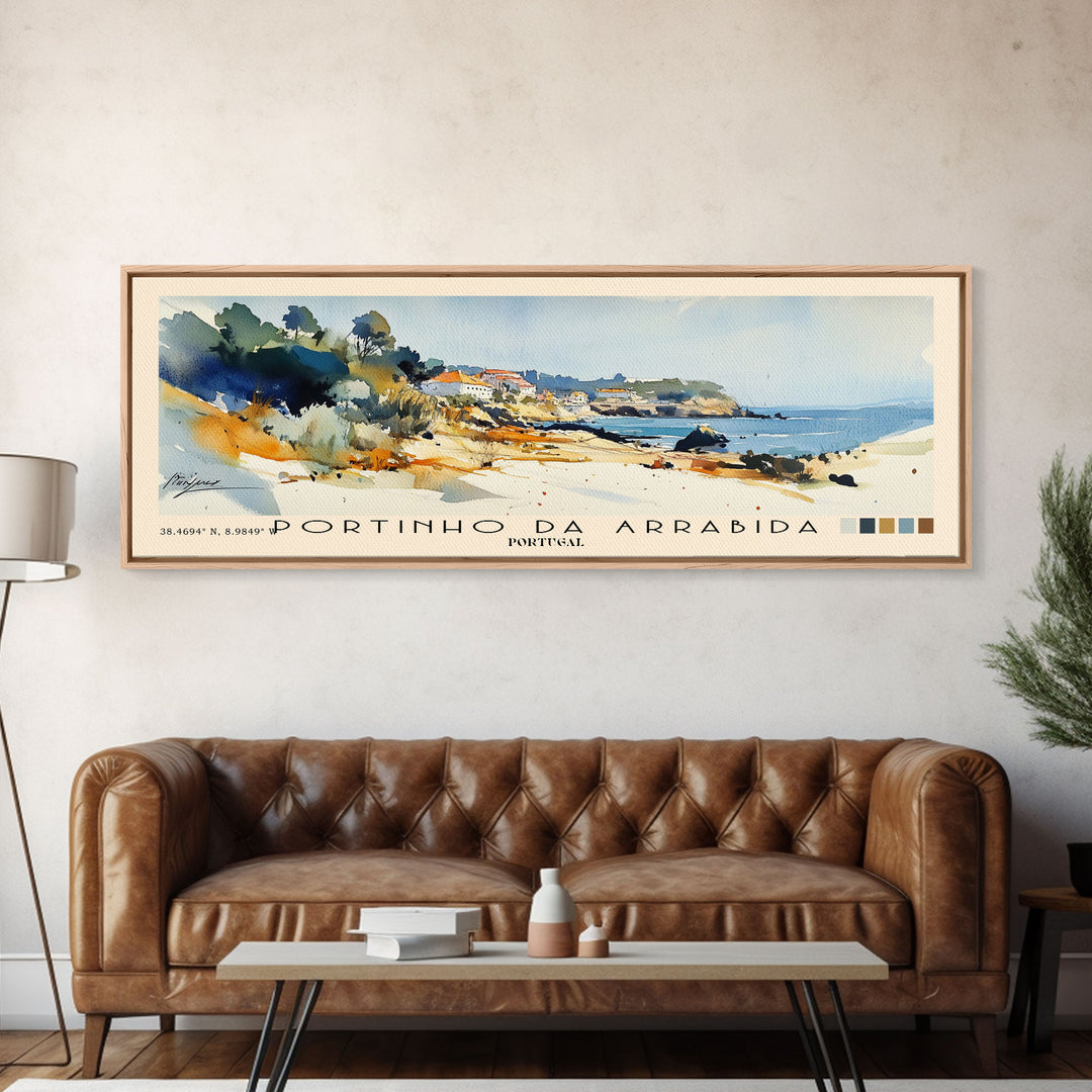 Portinho da Arrabida, Portugal Watercolor Print, Vacation Gift, Portugal Wall Art, Beach Painting, Beach Decor, Large Wall Art, Wood Frame Art