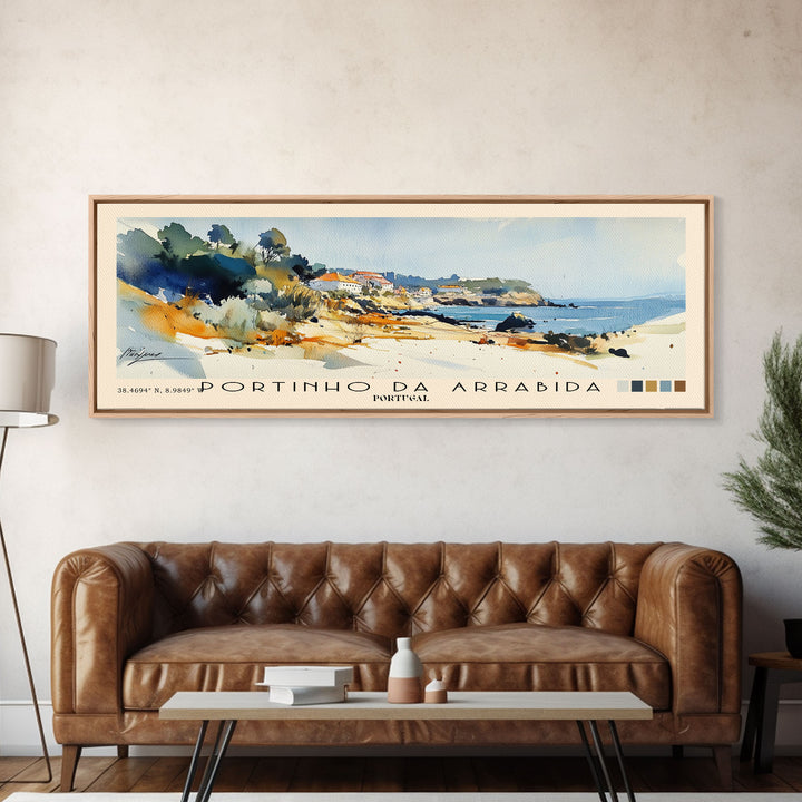 Portinho da Arrabida, Portugal Watercolor Print, Vacation Gift, Portugal Wall Art, Beach Painting, Beach Decor, Large Wall Art, Wood Frame Art